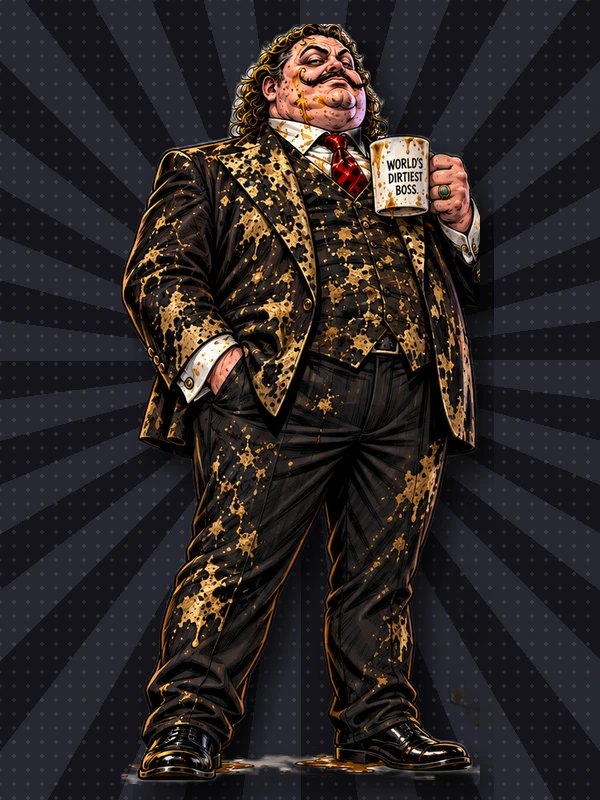 Baron von Grime, a mustachioed tycoon in a grimy suit, raising a stained mug