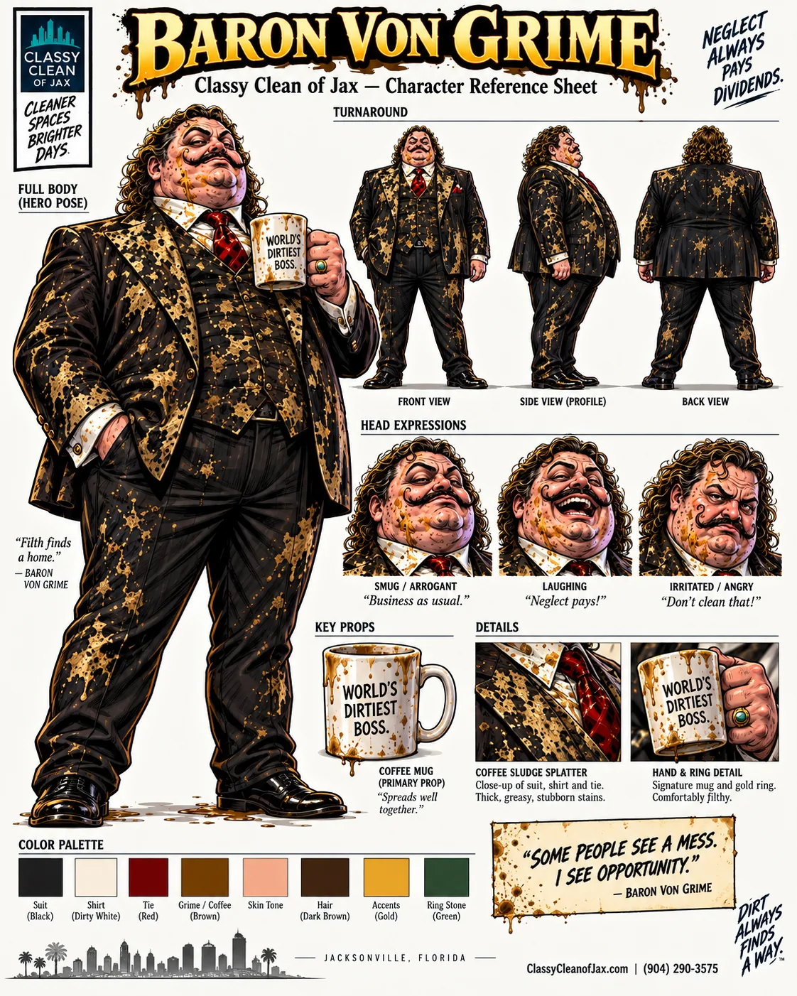 Baron von Grime character reference sheet: turnaround views, expressions, props and color palette.