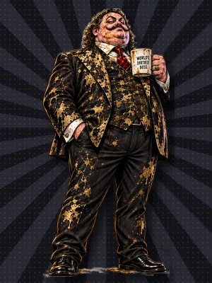 Baron von Grime, a mustachioed tycoon in a grimy suit, raising a stained mug