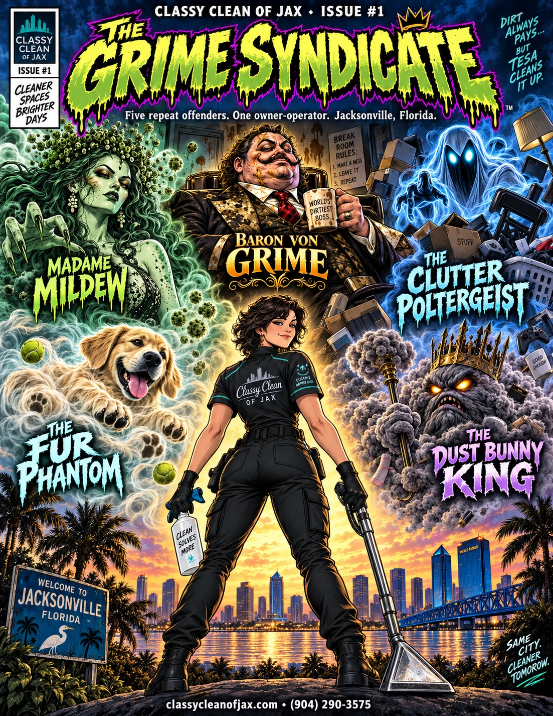 Cover of The Grime Syndicate, Issue #1: Tesa stands over the five villains above the Jacksonville skyline
