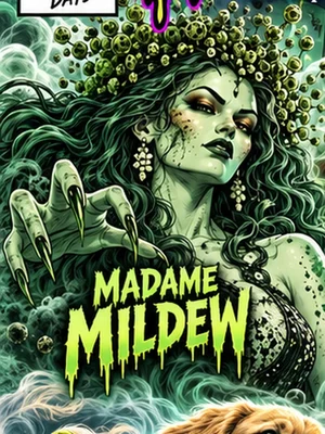 Madame Mildew, a green mildew woman, rising out of a tiled bathroom