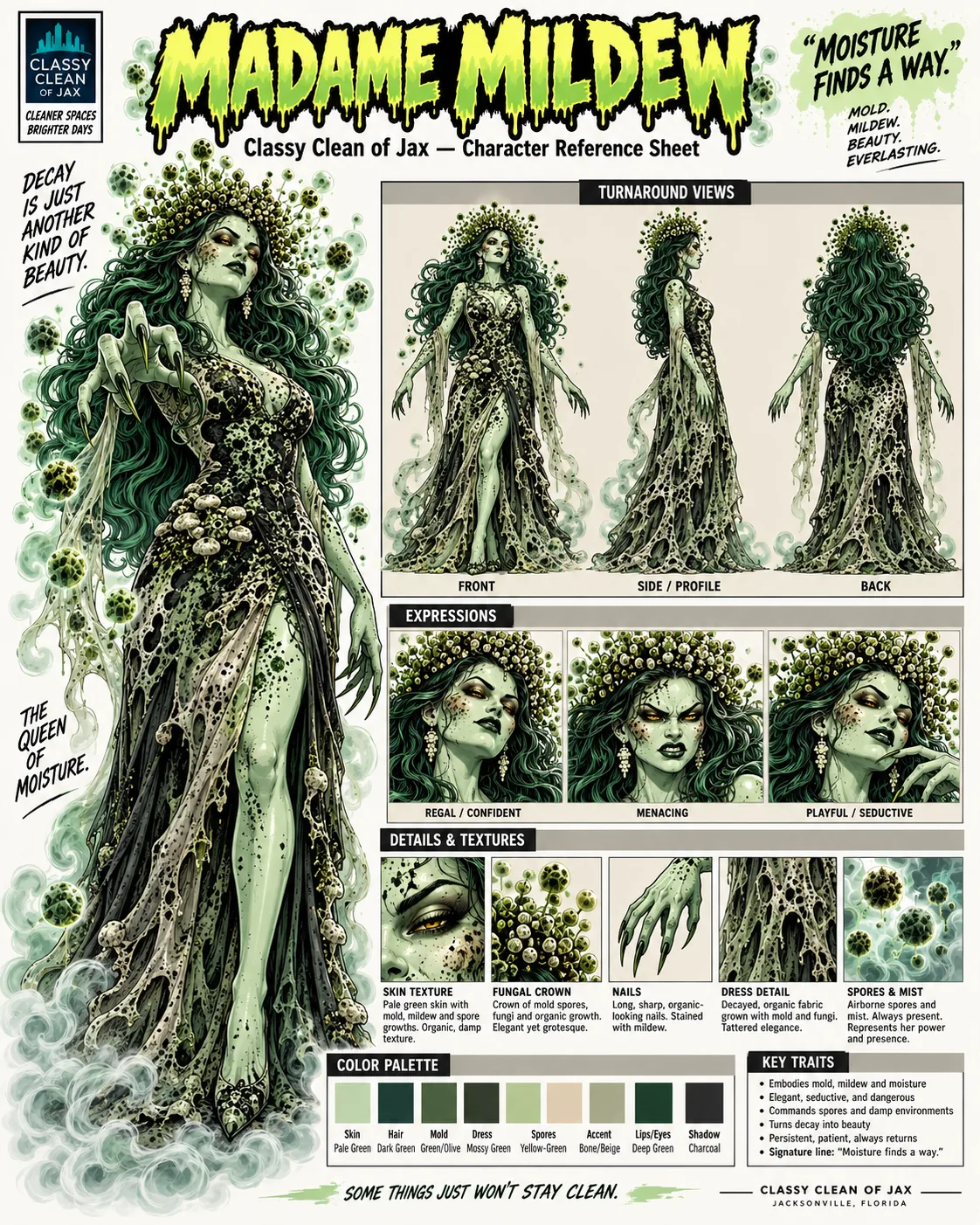 Madame Mildew character reference sheet: turnaround views, expressions, props and color palette.
