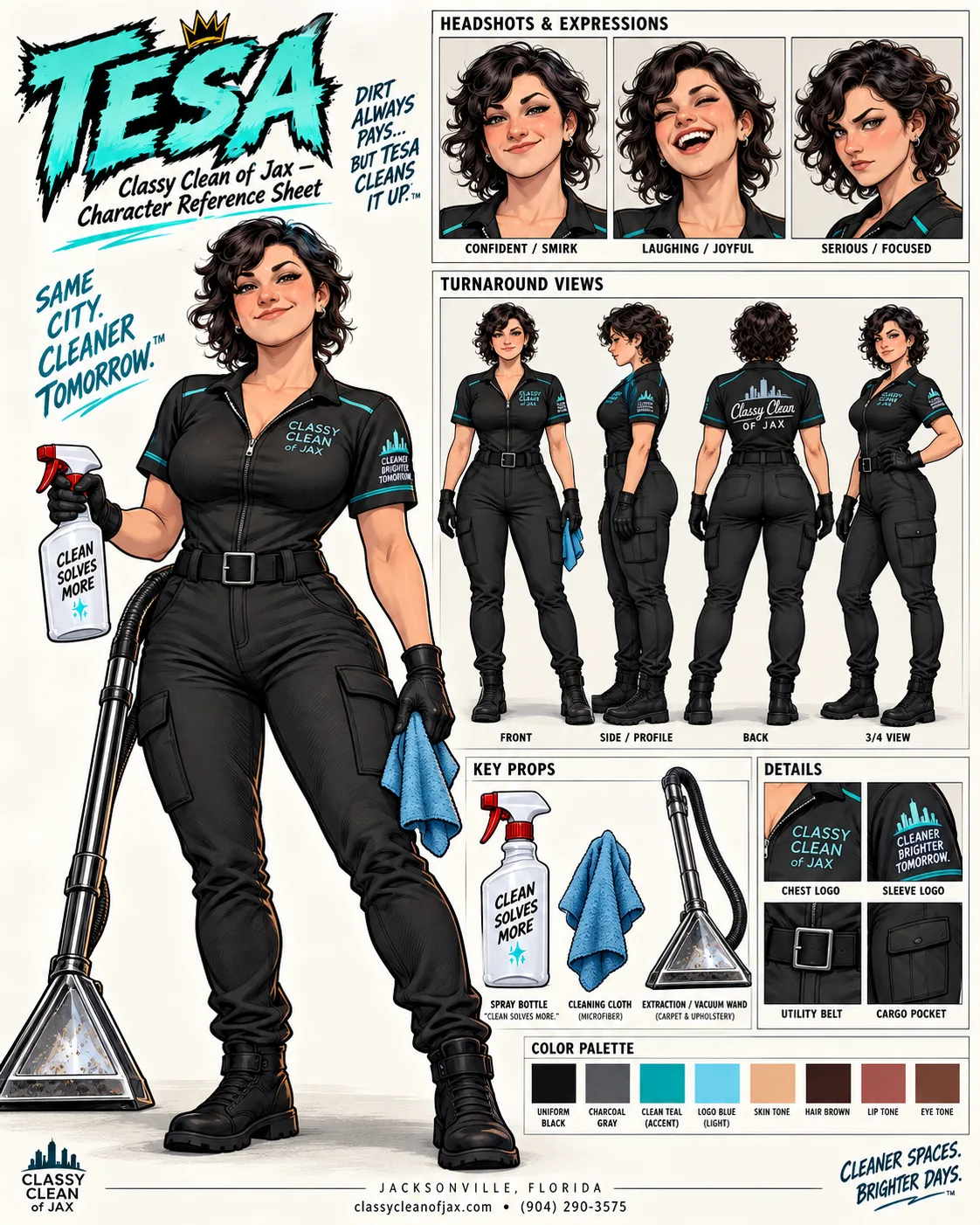 Tesa character reference sheet: turnaround views, expressions, props and color palette.