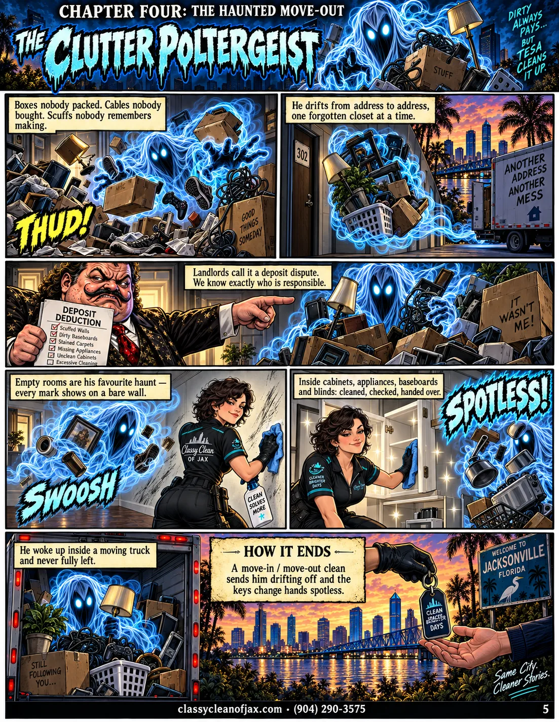The Haunted Move-Out — the full comic page. The Clutter Poltergeist, a blue ghost of boxes and cables, swirls through a room of tumbling cartons, controllers and stray shoes. The poltergeist drifts out of apartment 302 at dusk past a parked moving truck, trailing a lamp and a laundry basket. A furious landlord holds up a deposit deduction checklist while the poltergeist hovers behind him, protesting. Tesa wipes scuff marks off the bare wall of an empty room while the poltergeist swirls past her with a picture frame. Tesa wipes out an empty kitchen cabinet, the shelves gleaming, as the poltergeist's clutter is pushed out of frame. The poltergeist glares out from inside the back of a loaded moving truck. A gloved hand passes a set of keys on a Classy Clean tag into an open palm, the Jacksonville skyline at sunset behind them.