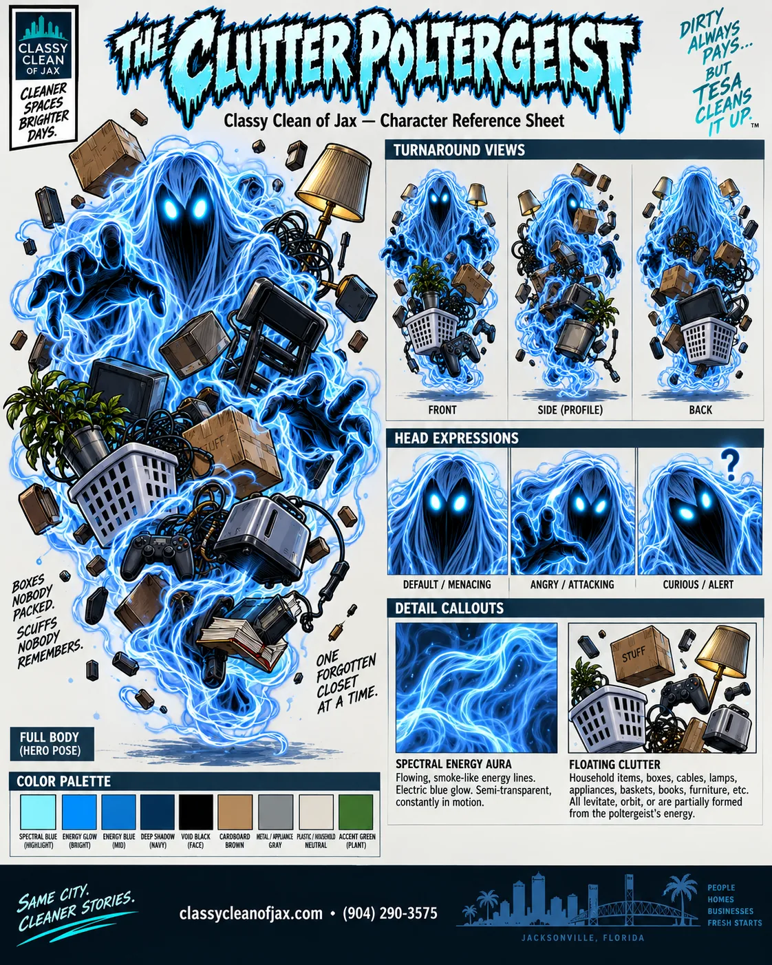The Clutter Poltergeist character reference sheet: turnaround views, expressions, props and color palette.