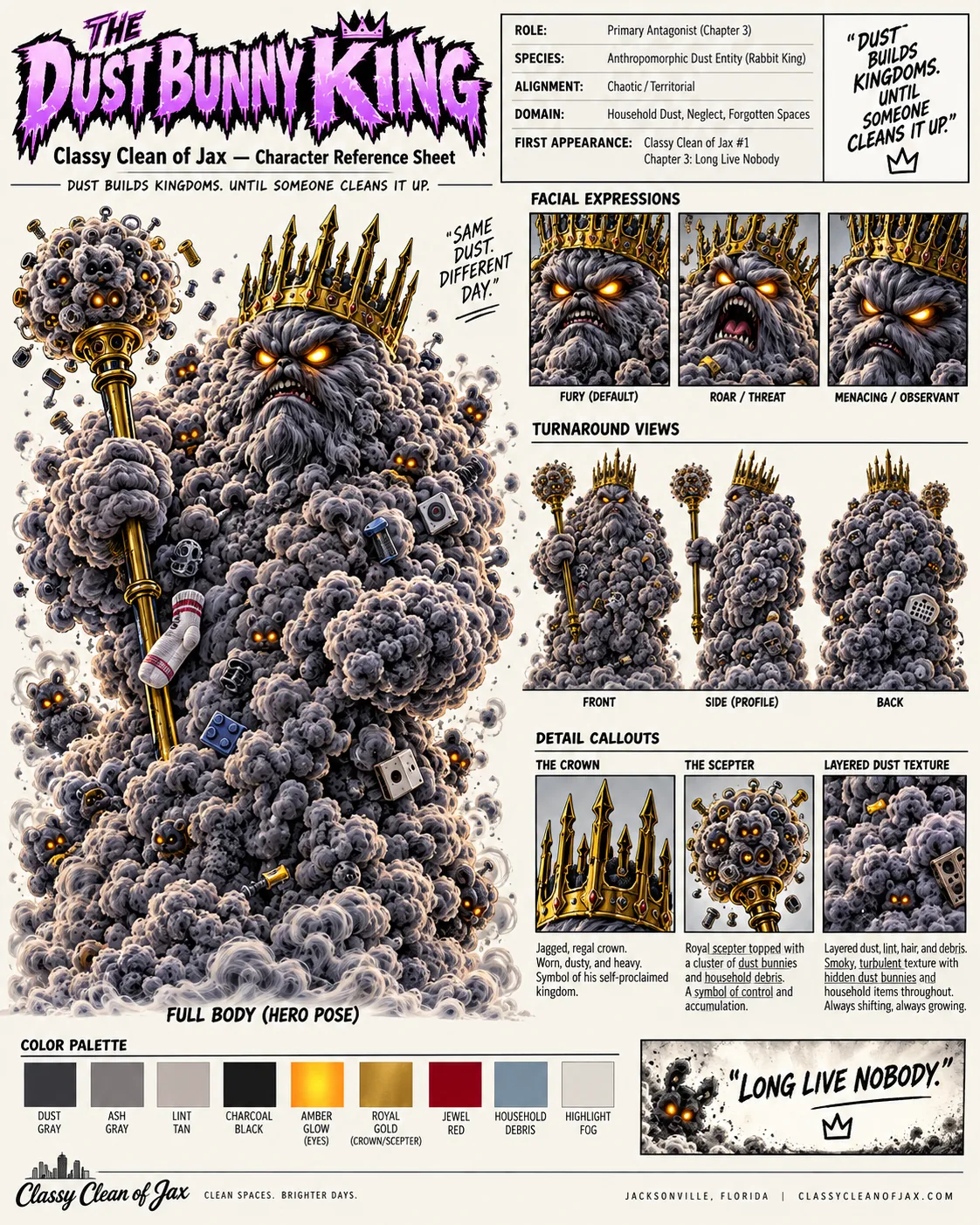 The Dust Bunny King character reference sheet: turnaround views, expressions, props and color palette.