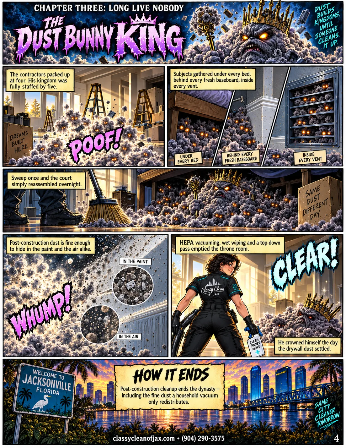 Long Live Nobody — the full comic page. A half-finished renovation with ladders and stacked materials, the floor filling with grey dust bunnies with glowing eyes. Three insets: dust bunnies gathered under a bed frame, along a fresh baseboard, and packed inside a floor vent. A broom pushes across the floor while The Dust Bunny King, a crowned dust cloud with a sceptre, rebuilds his court behind it. Extreme close-up of fine construction dust settling on a wall, with two magnified circles showing dust in the paint and dust in the air. Tesa, seen from behind with a HEPA vacuum hose, clears the sunlit room as The Dust Bunny King shrinks into the corner. Sunset over the Jacksonville skyline and the river behind palm trees, beside a Welcome to Jacksonville Florida sign.