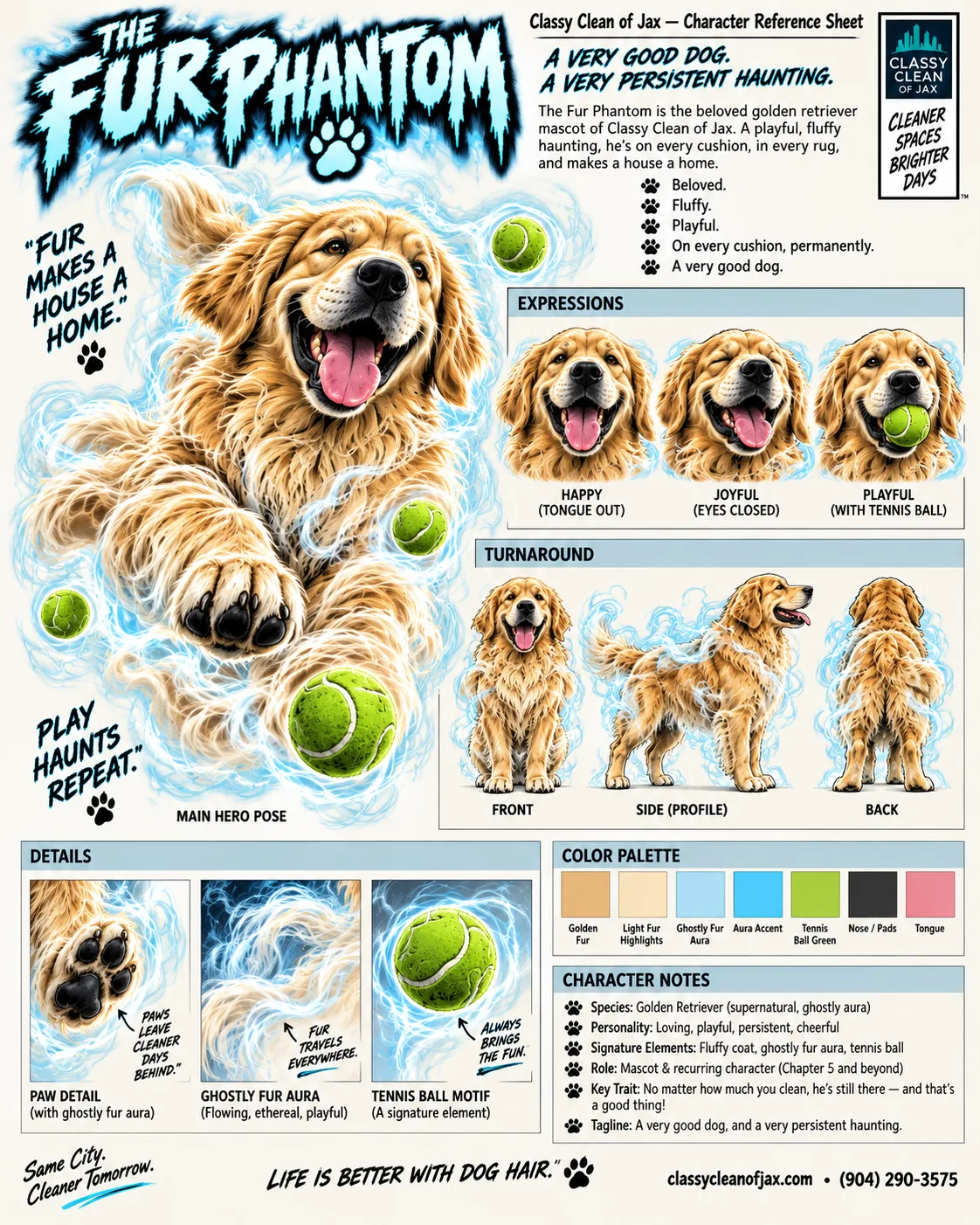 The Fur Phantom character reference sheet: turnaround views, expressions, props and color palette.