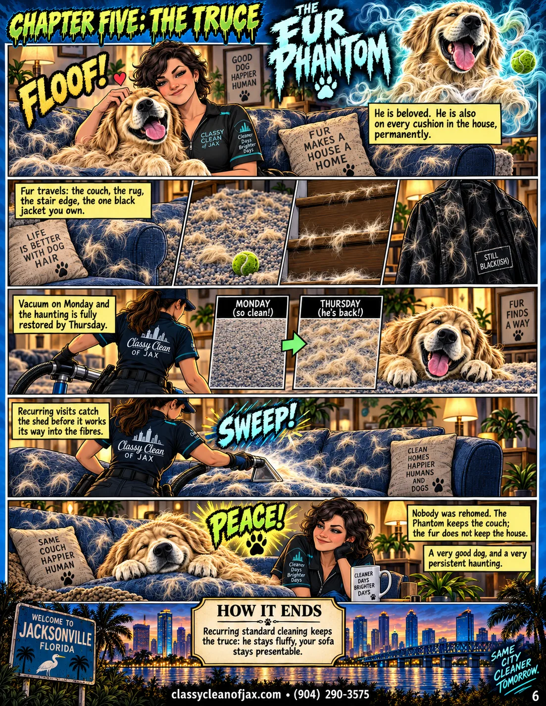 The Truce — the full comic page. Tesa sits on a fur-covered couch beside a happy golden retriever, its shed fur haloing the room around them. Four close-ups of shed fur: a couch cushion, a rug with a tennis ball, a stair edge and a black jacket. Tesa vacuums the rug beside a Monday-versus-Thursday comparison of clean and re-furred carpet, while the dog watches from the floor. Tesa runs an upholstery tool along the blue couch cushions, lifting the fur out of the fabric. The golden retriever sleeps on the now-clean blue couch while Tesa sits beside it with a mug. Sunset over the Jacksonville skyline and the river behind palm trees, beside a Welcome to Jacksonville Florida sign.